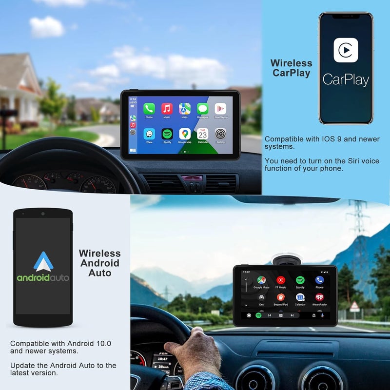 Aonerex شاشة سيارة لاسلكية CarPlay و Android Auto، 7 بوصة HD بلوتوث AirPlay شاشة تعمل باللمس ستيريو سيارة محمولة نظام ملاحة مشغل موسيقى فيديو عكس، سيري، AUX، مساعد صوتي - Image 2